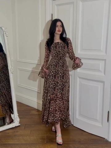 Woochic robe à manches longues imprimé léopard col en rond brun S